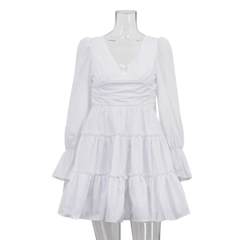 Ticketsx Sexy V Neck Lace Up Long Sleeve Slim Dress Women Ruffled High Waist A-Line Dress Autumn Party Clubwear Backless Dress