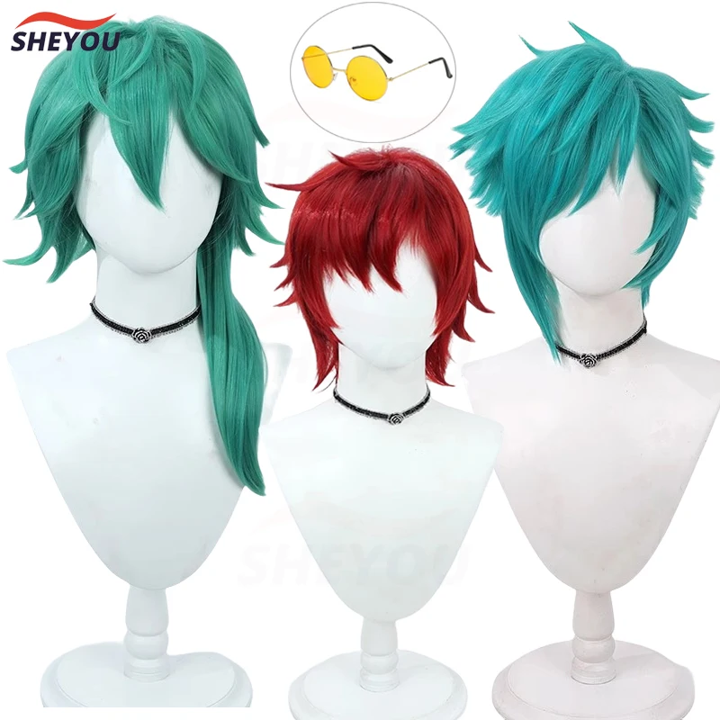 

Game LOL Heartsteel Ezreal Aphelios Sett Cosplay Wig Glasses Green Short Red Heat Resistant Synthetic Hair Anime Wigs + Wig Cap