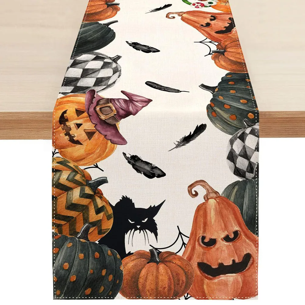 Cute Goblin Halloween Table Flag Cartoon Halloween Table Decoration Table Runner Tablecloth Flax Pumpkin Spider Web Skull