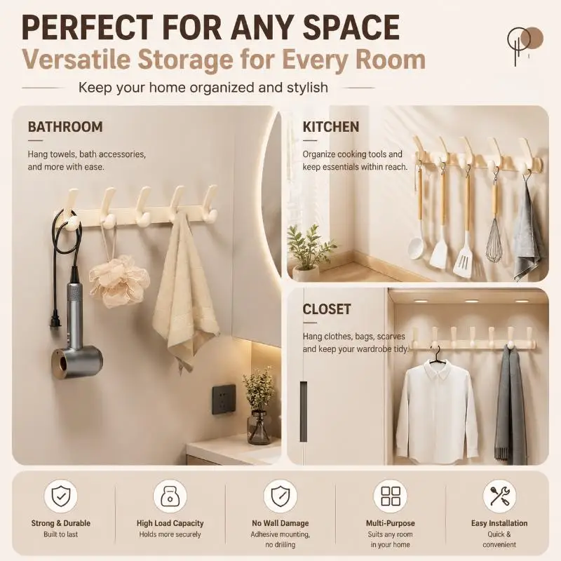 Cream White Over The Door Hook Rack 6 Sturdy Hooks No Drill Installation For Bedroom Bathroom Entryway Storage
