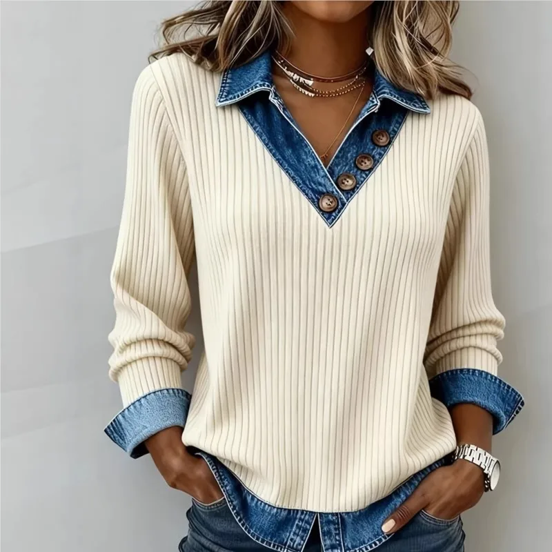 

Beige Denim Collar Sweater Women 2026 New Long Sleeve Button Ribbed Contrast Casual Fashion Autumn Streetwear Chic Casual Top