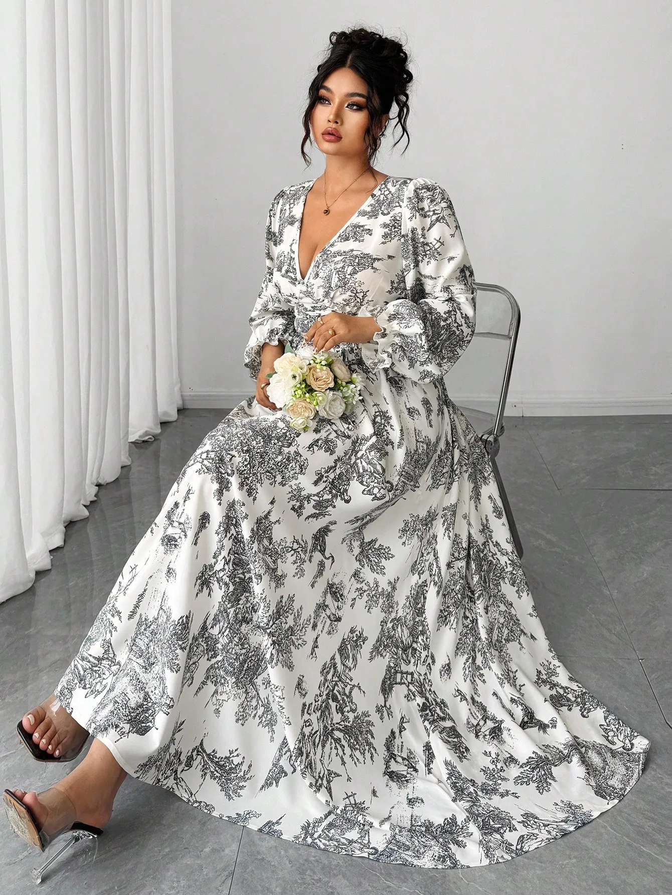

Elegant Toile Print V-Neck Long Sleeve Maxi Dress with Ruffle Cuffs and Belted Waist
