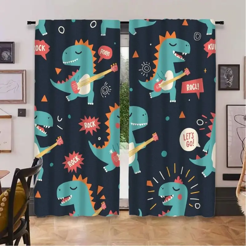 Cartoon rock dinosaur printed curtains, with a pole bag design, suitable for use in bedrooms, living rooms and offices
