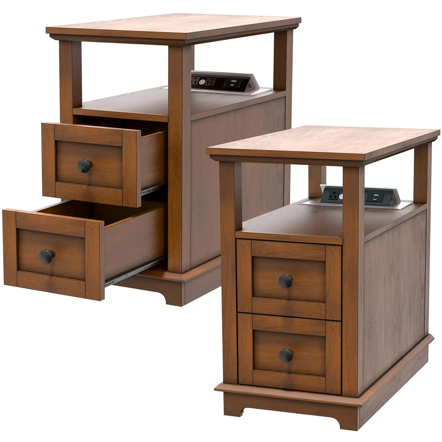 End Table with Flip Top Charging Station Set of 2, Narrow Side Table with 2 Drawers, Type-C & USB Port & Power, Customized