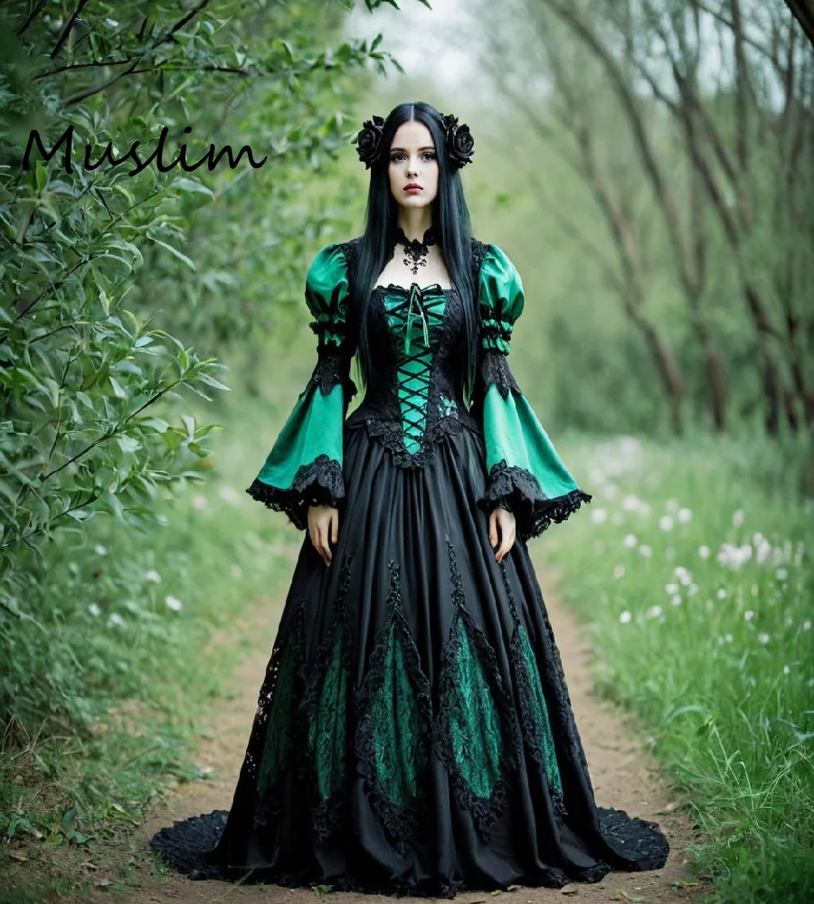 

Fantasy Celtic Green Gothic Evening Dress With Flare Sleeve Vintage Black Lace Tudor Renaissance Prom Dress Elegant Faire Formal