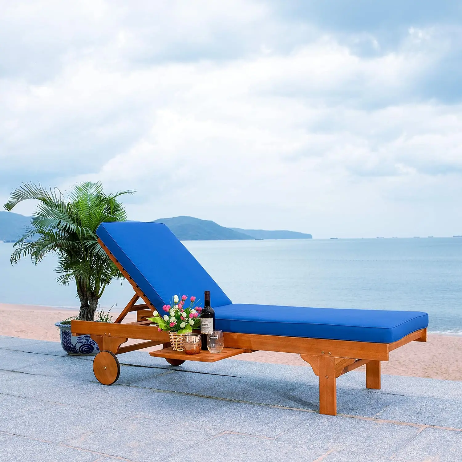 Outdoor Collection Newport Natural/ Royal Blue Cushion Built-in Side Table Adjustable Chaise Lounge Chair