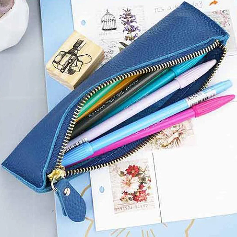 Vintage Pen Pouch Blue Simple Protective Pen Bag For School Office Stationery Organizer Storage Pens Pouch
