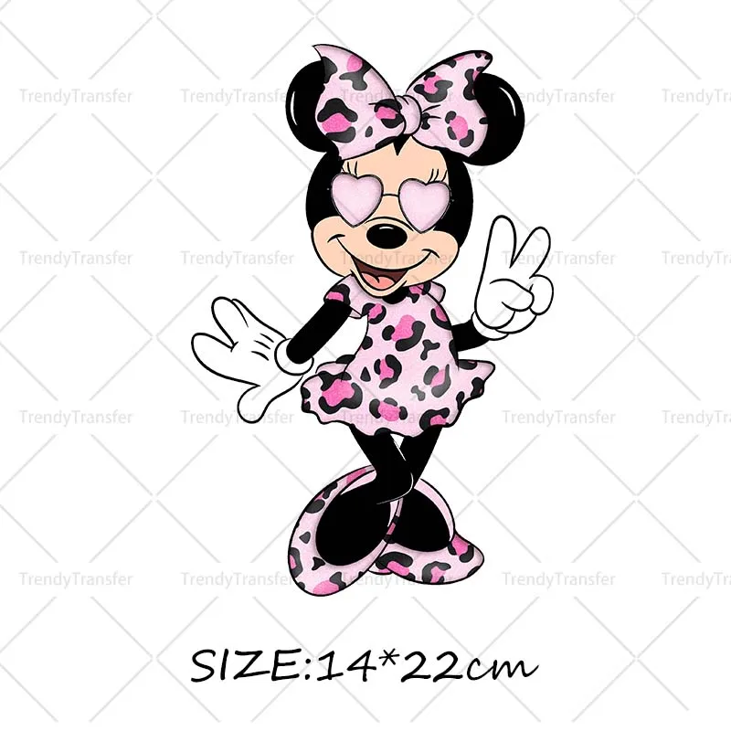 Roze Luipaard Minnie Mouse Karakter Opstrijkpatronen DTF Prints Warmtepersstickers voor kleding Strijkstickers
