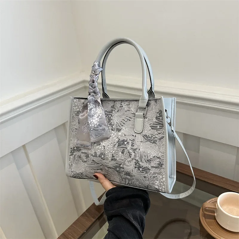 Popular Portable Tote Bag Fashion Textured Silk Scarf Embroidered Jacquard Shoulder Crossbody Bag