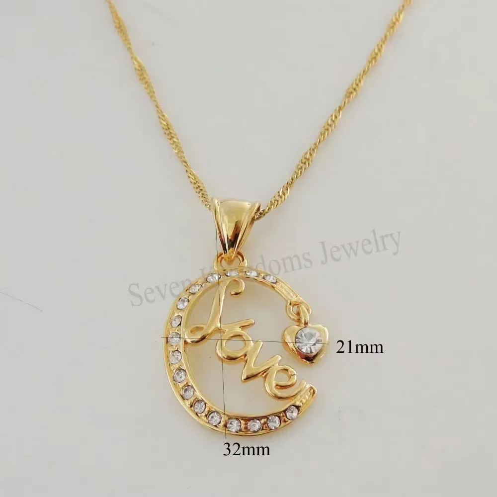 YELLOW GOLD PLATED 18INCH NECKLACE LOVE WORD AND HEART SHAPED DANGLER CZ STONES PENDANT GREAT GIFT