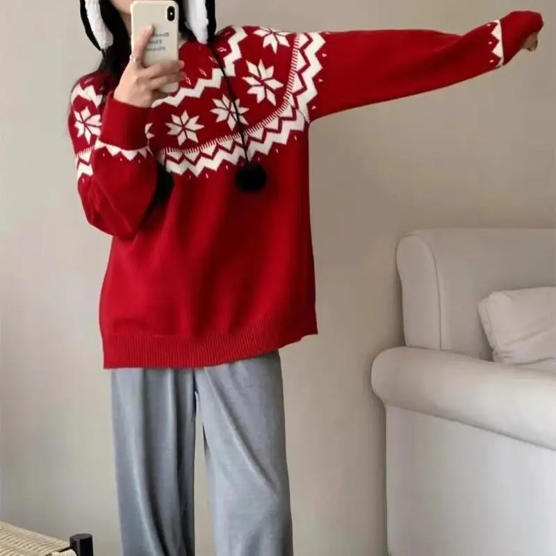 Sweater rajutan longgar untuk wanita di musim dingin, santai, lembut dan halus, serta atasan cantik untuk dipakai saat Natal Gaya Terbaru