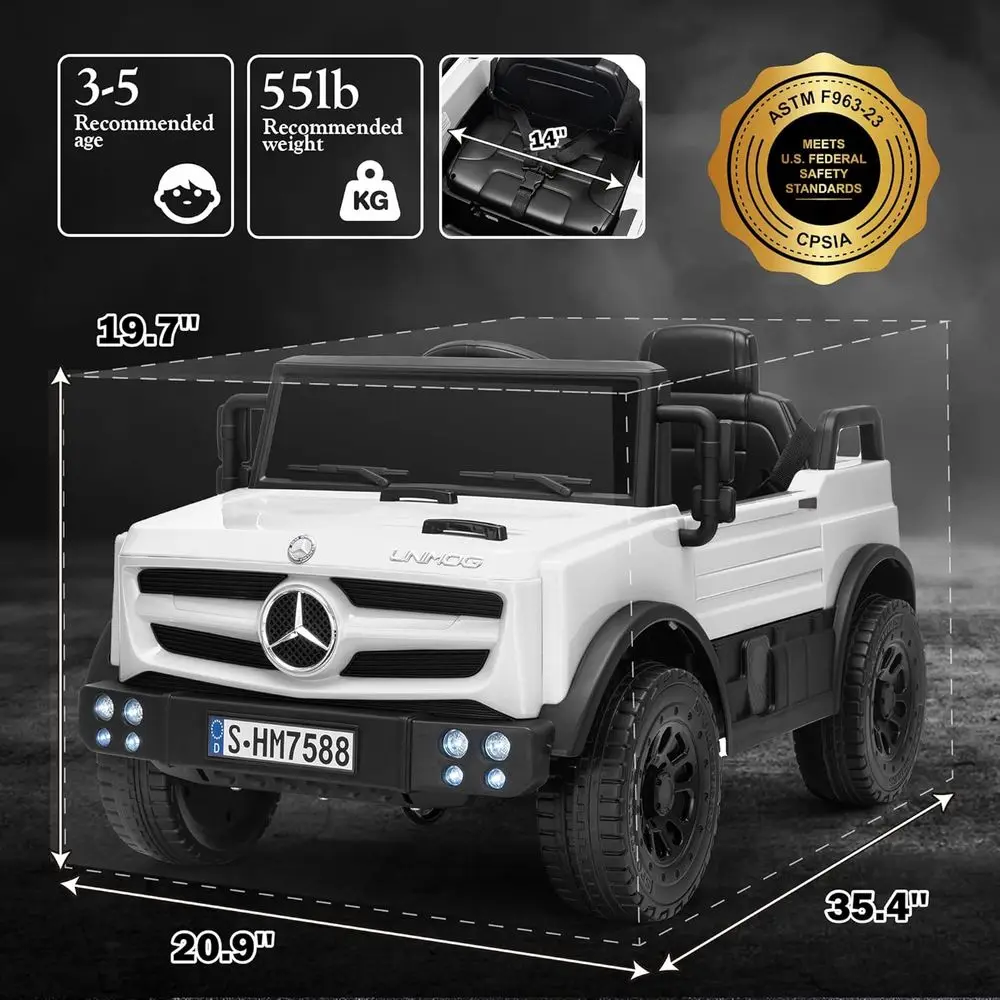 부모용 리모컨이 있는 12V 전동차, 어린이용 라이선스 메르세데스-벤츠 유니목 자동차, LED 조명, 음악 및 경적, 소프트 스타트, 로