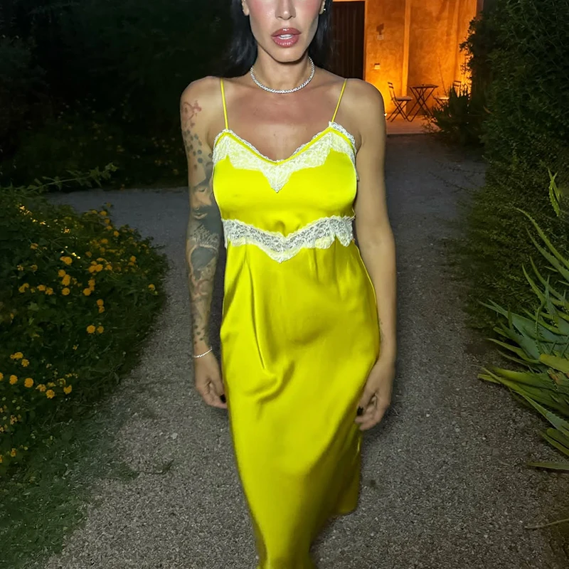 

Ticketsx Yellow Lace Trim Long Midi Dress Women Sexy Patchwork Backless Sling Dress Faionable Casual Summer High Street Dress