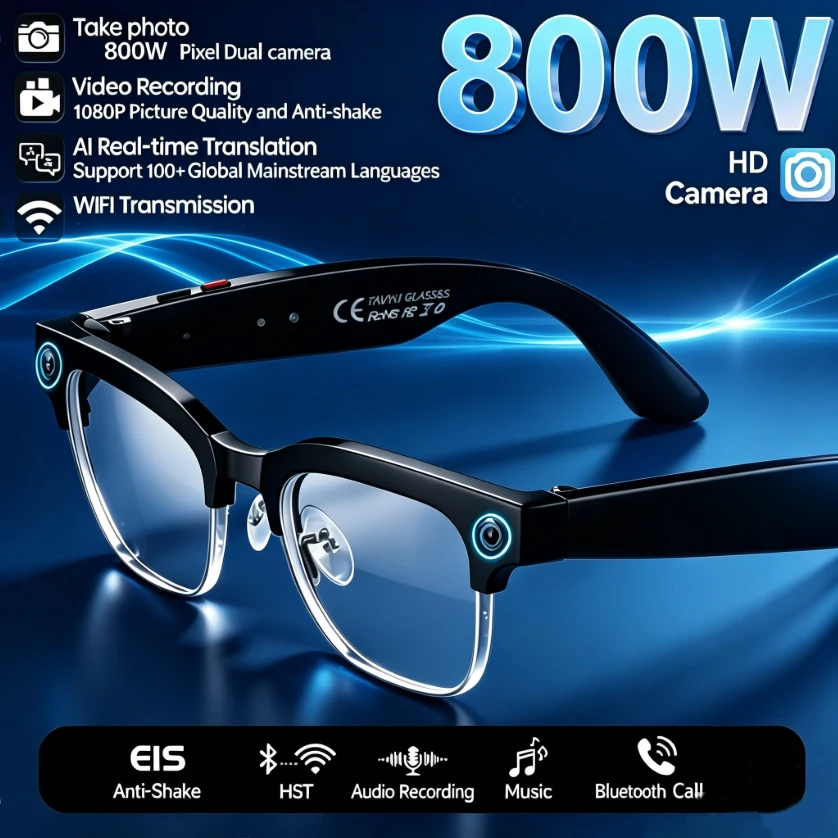 4K UHD Metal Half Frame Glasses 8MP HD Camera 4GB Memory Wi-Fi Image Transfer AI Real-Time Translation Waterproof Smart Glasses