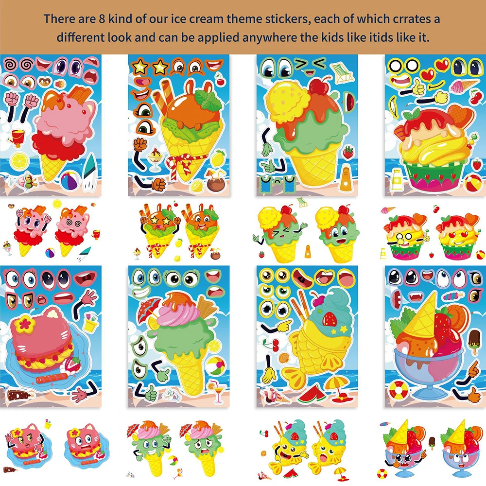 8/16Sheets Cute Cartoon Ice Cream Cake Kids Make a Face Puzzle Stickers Children DIY Assemble Jigsaw Toys Decals Decoration Gift