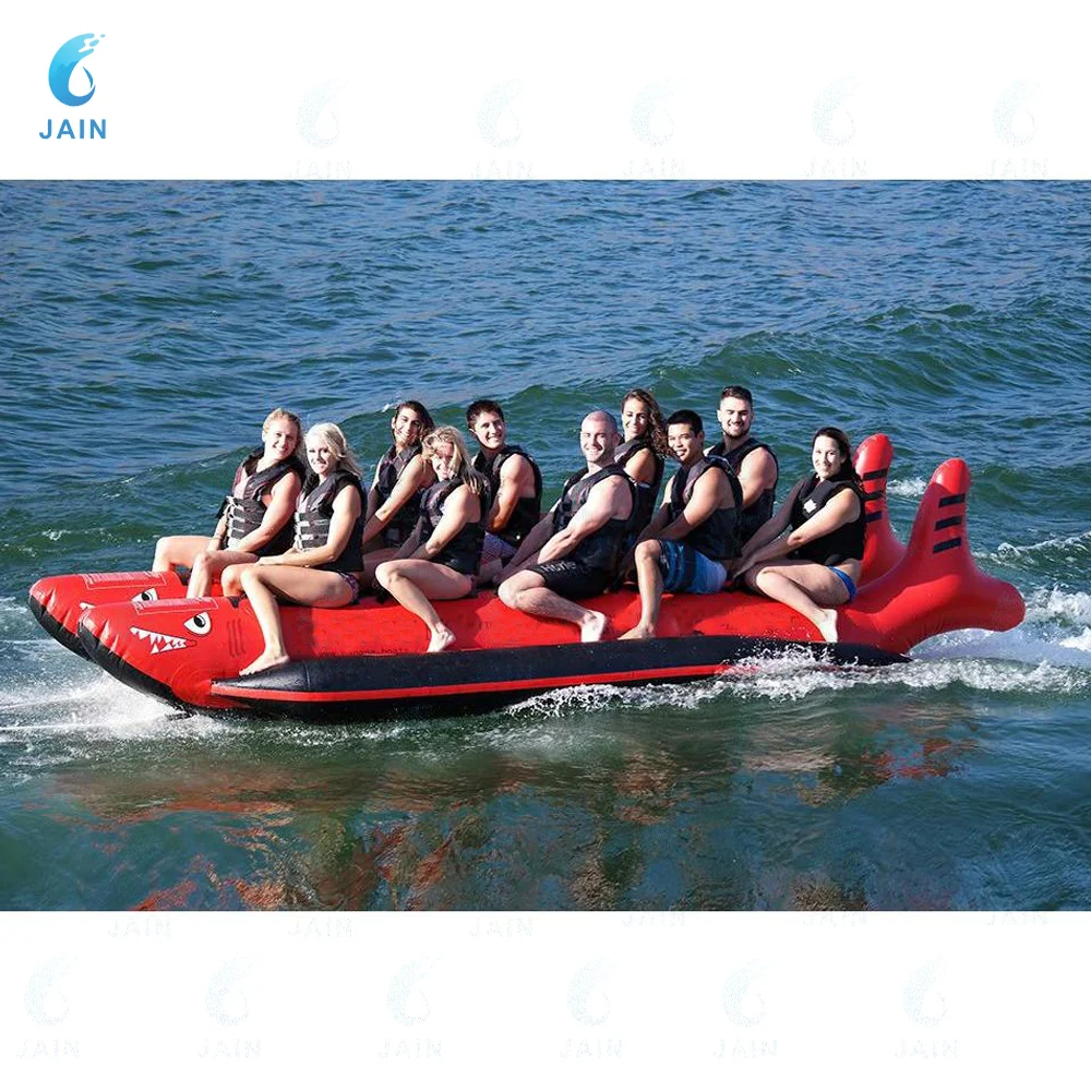 10-Player Red Shark Inflatable Flying Fish Banana Boat - Heavy-Duty Towable Water Game for Group Water Sports