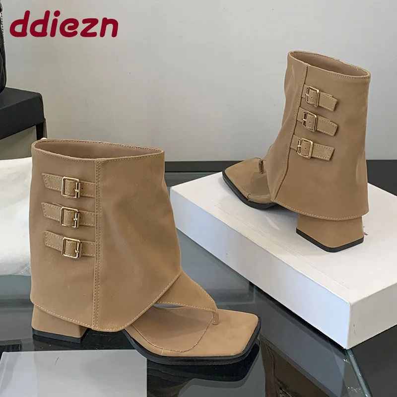 

Модные женские ботильоны с пряжкой, ботинки на каблуке, женская обувь с открытым носком, женские короткие ботильоны без шнуровки, шлепанцы