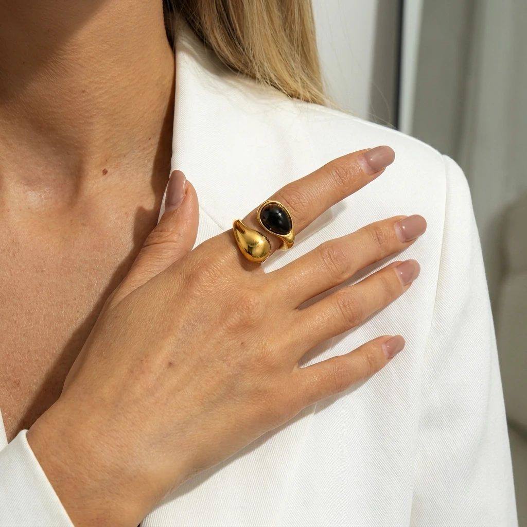 Retro Goldfarbener Unregelmäßiger Metallring für Damen und Herren Edelstahl Natürlicher Tigerauge Offener Ring Ästhetischer Dating-Schmuck – Detail 4