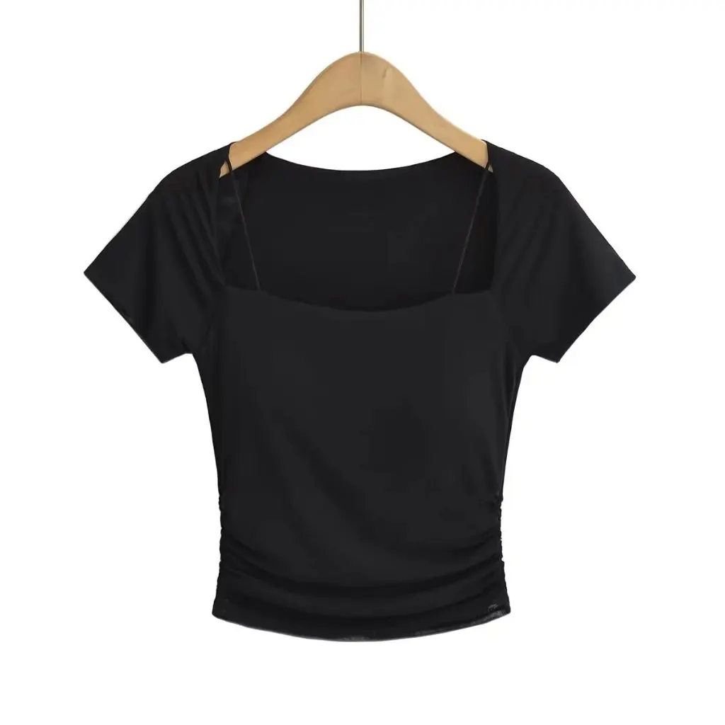 

Spring Summer CL2345-23 European American Style Mesh T-shirt Short-Sleeved Slim-Fit Square Collar Sexy Top Women's Fashion