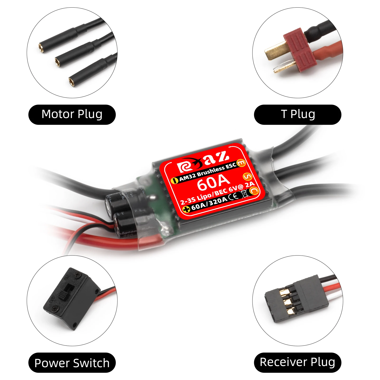 RCXAZ AM32 60A Brushless ESC Electronic Speed Controller ESC กันน้ําสําหรับ 1/10 RC รถโปรแกรมด้วย SUB RC ESC