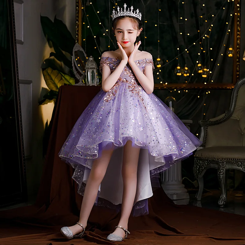 Kids Formal Occasion Purple Dresses for Girls Princess Costume Long Luxury 2023 Wedding Party Ball Gowns Cute Prom Evening Dress