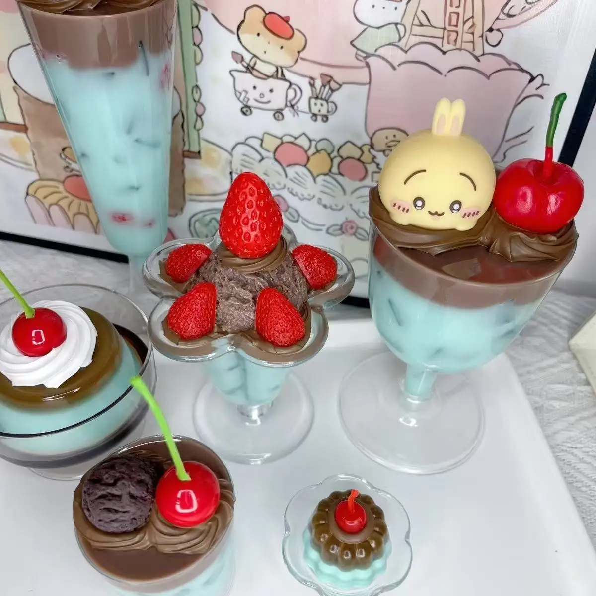 غرفة الديكور خمر نمط لطيف بودنغ الحلي النعناع الشوكولاته الحلوى ديكور نافورة الصودا الفيلم الدعائم لطيف بودنغ