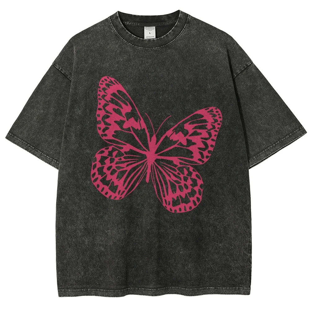 

Pink Butterfly Vintage Unisex Washed T-shirt, Y2k Shirt