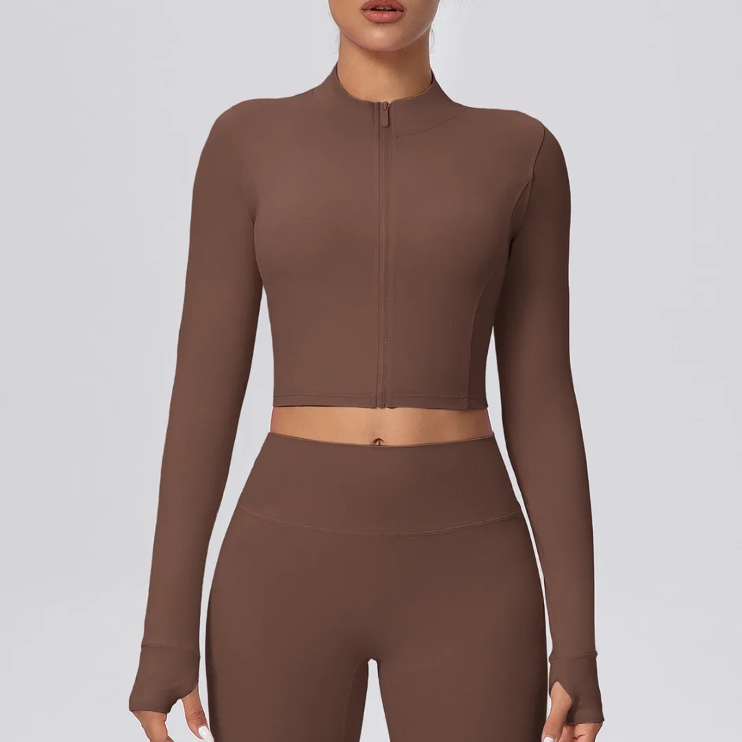 

Женская куртка для йоги на молнии с длинными рукавами, спортивные тонкие короткие топы с начесом для фитнеса, повседневная одежда для бега, спортивное пальто для спортзала