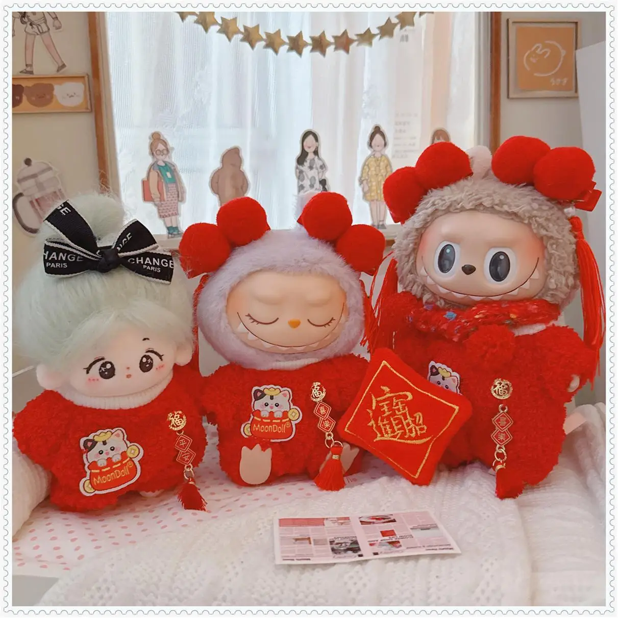 

2025 Happy New Year Cartoon 10cm Mini Plush Doll Clothes Cute Red Climbing Scarf Headwear Set Idoll Doll Clothes New Year Decor