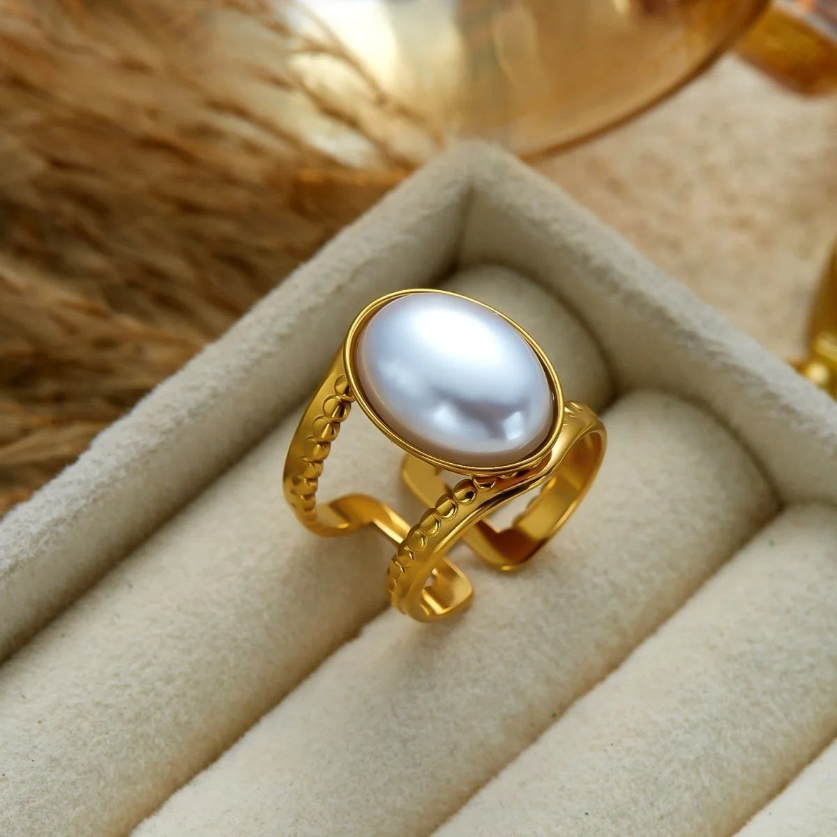 Edelstahl-Sonnen-Emaille-Blumen-Weizenblatt-Simulationsperlenringe für Damen und Herren, trendige, retro-inspirierte, geometrische Breitbandringe, Schmuck – Detail 29