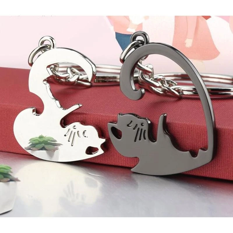 Couple Keychain Black White Matching Puzzle for Cat Animal Charm Pendant Heart Shaped Metal Keyring Valentines Gift