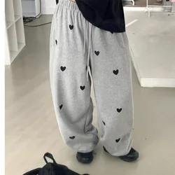 Cute Heart Print Sports Pants Thin Harem Long Trousers for Girls Korean Style Casual Pants Polyester Cotton Blend Fabric