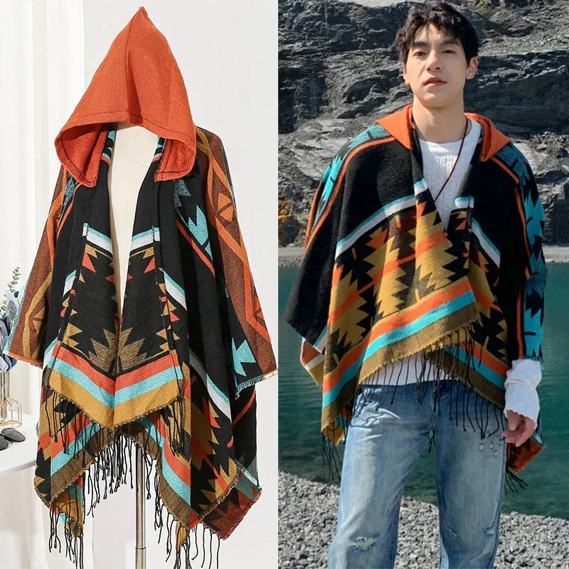 

New Tourism Cloak Male Women Hooded Warmth Scarf Warmth Shawl Capes Print Tassels Jacket Men Poncho Outwear Big Size