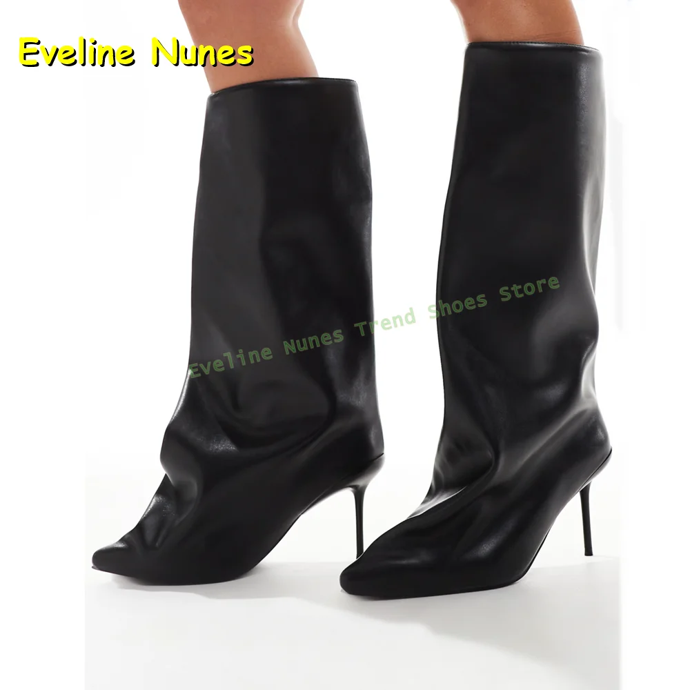 

Black Wide Calf Knee High Shark Boots Pointed Toe Thin Heels Pull On Large Size Solid Elegant Women Luxury Booties 2024 Newest