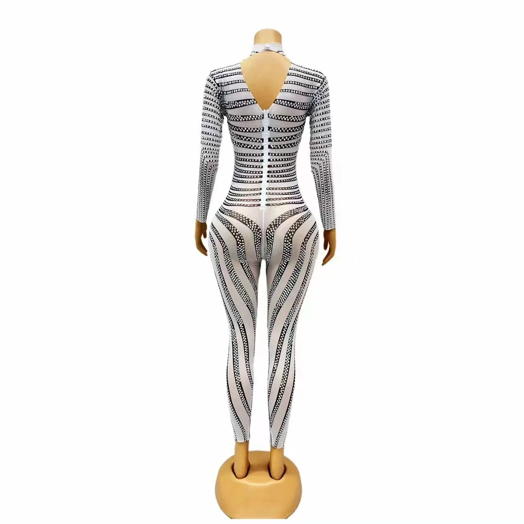 Black White Strips Rhinestones Jumpsuit Women Transparent Mesh Long Sleeve Stretch Tight Bodysuit Costume Birthday Party  Outfit