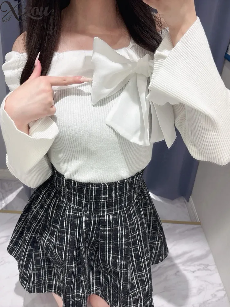 

Popular Style Autumn Winter Sweet Elegant Long Sleeve Pullover Sweater Ribbon Bow Color Block Rhinestone Off-Shoulder Knit Top