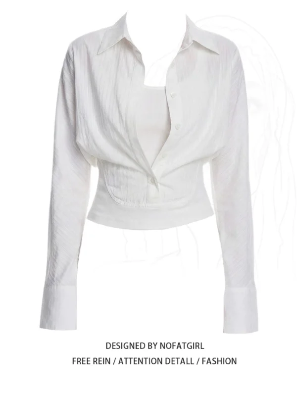 

Женская белая рубашка больших размеров в корейском стиле с длинным рукавом, имитация двойки, весенняя новинка, стройнящая, универсальная, для повседневной носки