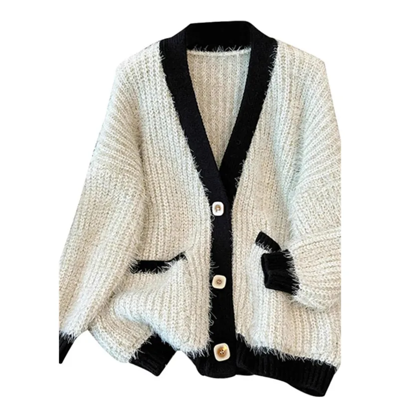 

Autumn Winter New Single-Breasted Knitted Sweater Ladies Loose High-End Fashion Long Sleeves Knitwear Women Cardigan Coat W1116