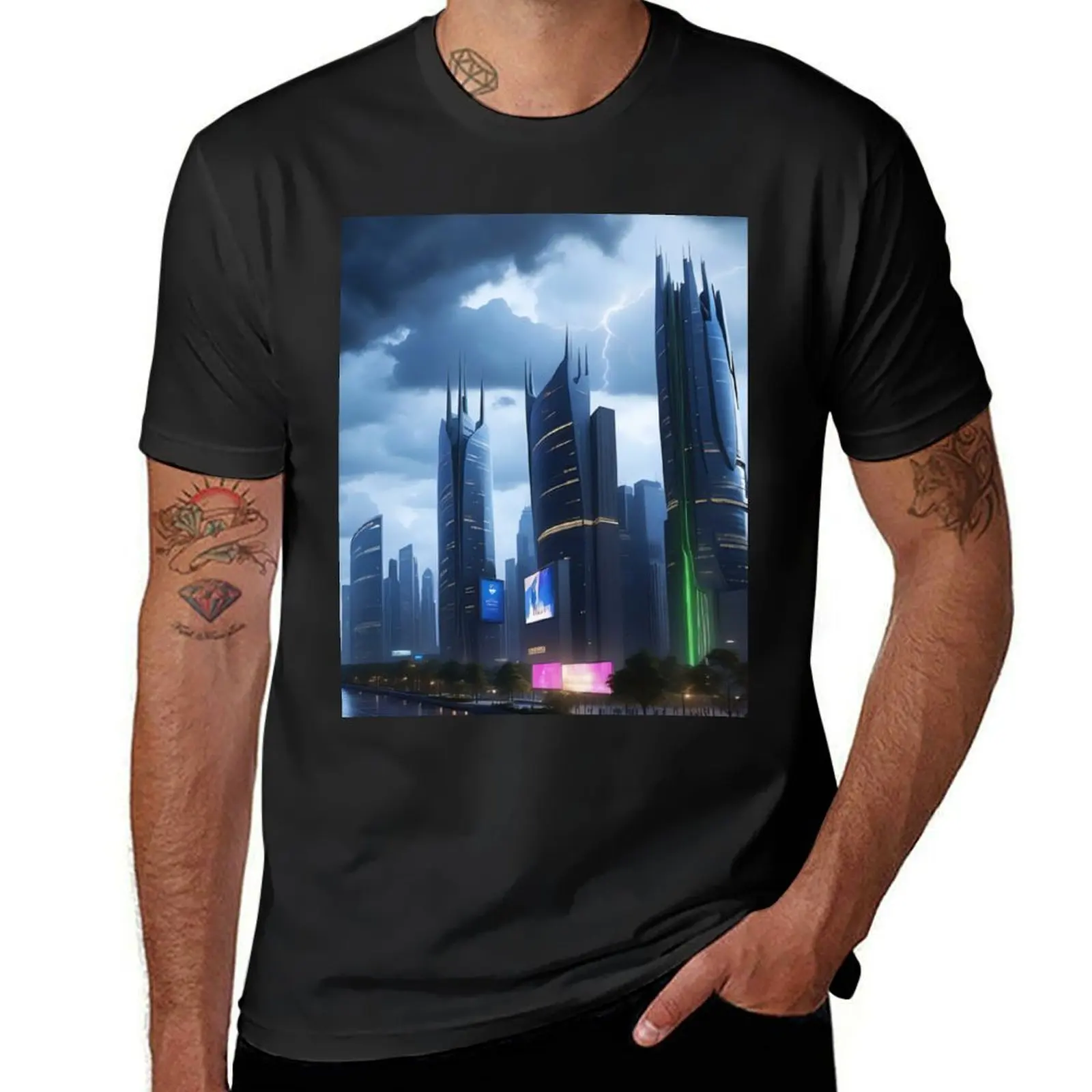 Futuristic cityscape, stormy skies, lightning, illuminated skyscrapers. T-Shirt vintage quick drying Men's t shirts