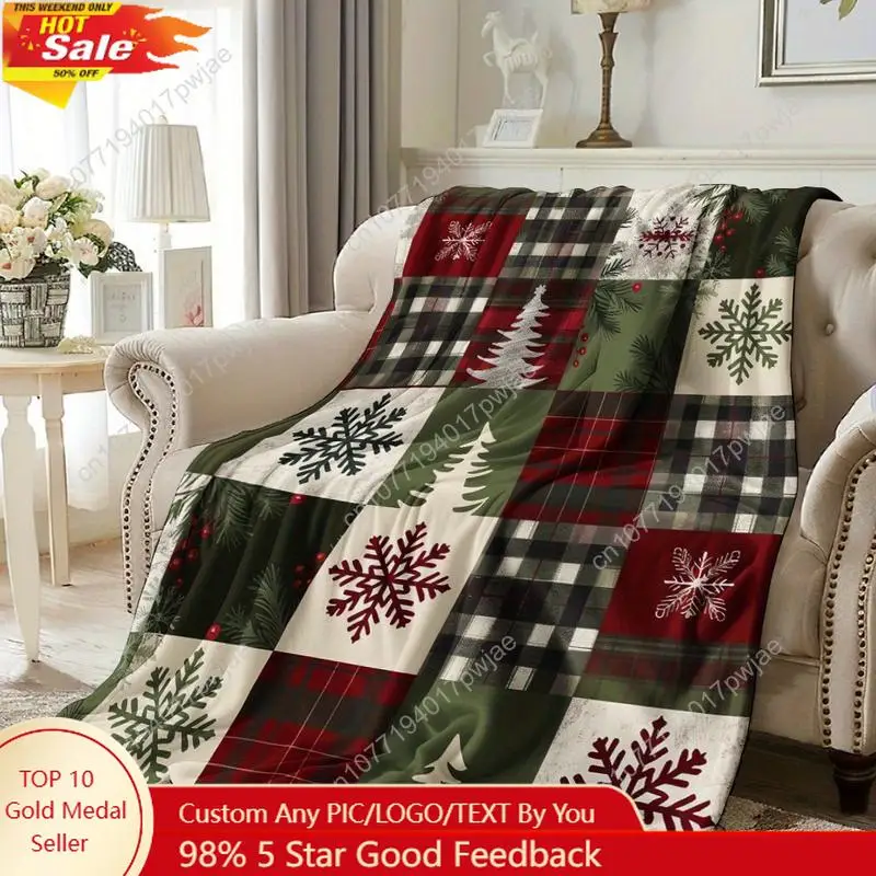 

Vintage Red Buffalo Plaid and Snowflake Pattern Comfortable Christmas Blanket - Soft and Warm Flannel Custom blankets