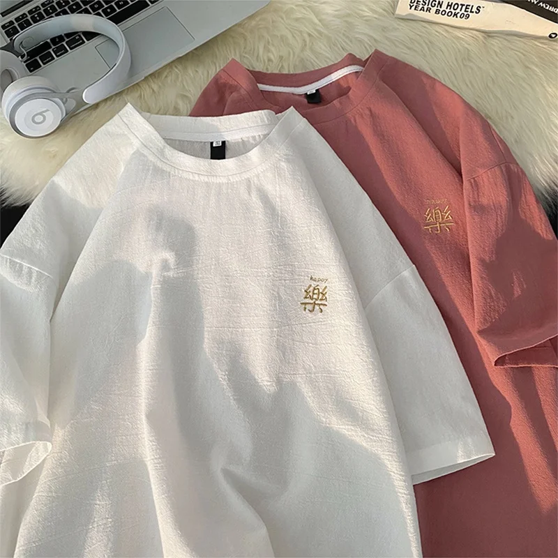 

Свободная льняная футболка ort Sve, мужская летняя универсальная футболка с вышивкой больших размеров, мужская свободная футболка большого размера