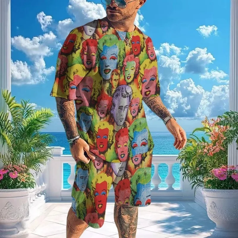 

2025 Гавайская маска, кокосовая пальма, спортивная одежда, мужская пляжная одежда с 3D принтом, футболка с круглым вырезом и короткими рукавами, комплект с шортами, одежда для отпуска