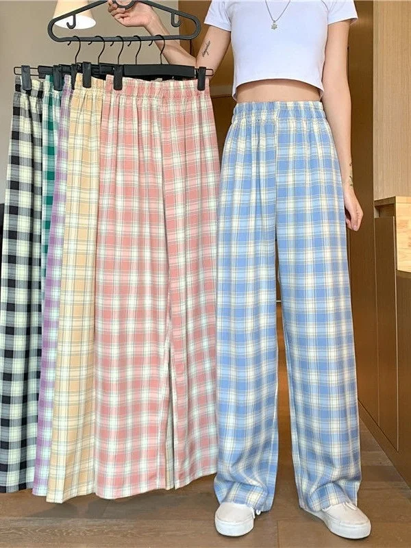 Karierte Hose mit weitem Bein Frauen Sommer lässig hohe Taille y2k Streetwear koreanische Mode Vintage Lolita Hose