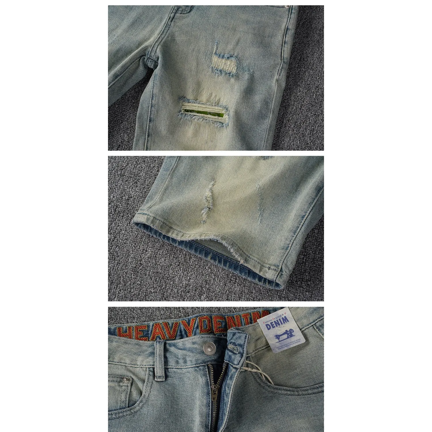 Heavy washed old hole patch handsome retro denim shorts men's fitted straight American trendy five-point pants