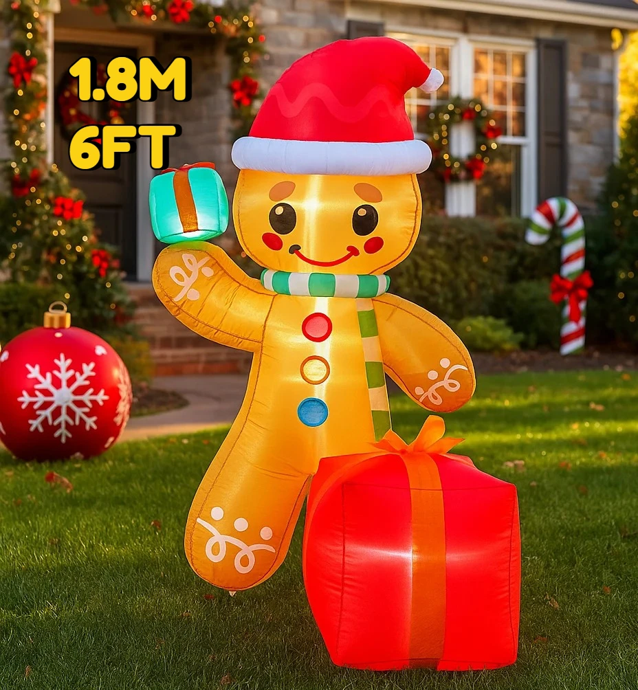 6-stopowy nadmuchiwany ludzik piernikowy z prezentami, dekoracje świąteczne do domu, na podwórko, ozdoby bożonarodzeniowe, dekoracje LED, artykuły świąteczne na zewnątrz