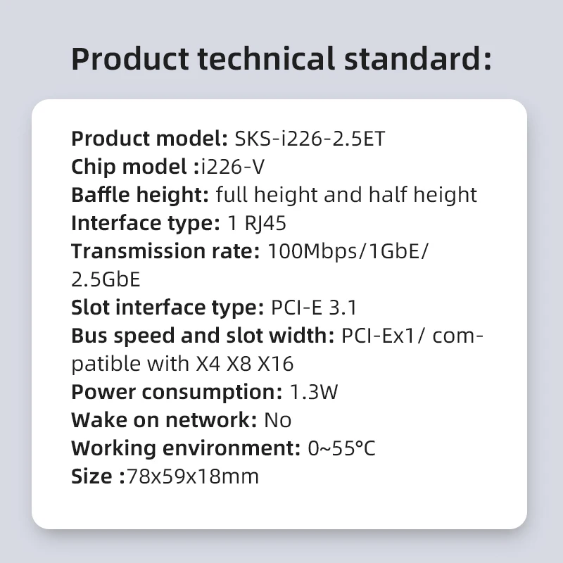 XikeStor PCIE 2.5G RJ45 Port Network Card Chip Intel i226-V 2500M/2.5G Rate PCIE X1 Network Card for Desktop/ Server