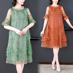 2023 New Summer Celebrity Flower Embroidery A-Line Skirt Temperament O-Neck Mesh Spliced Silk Mid Length Large Dress