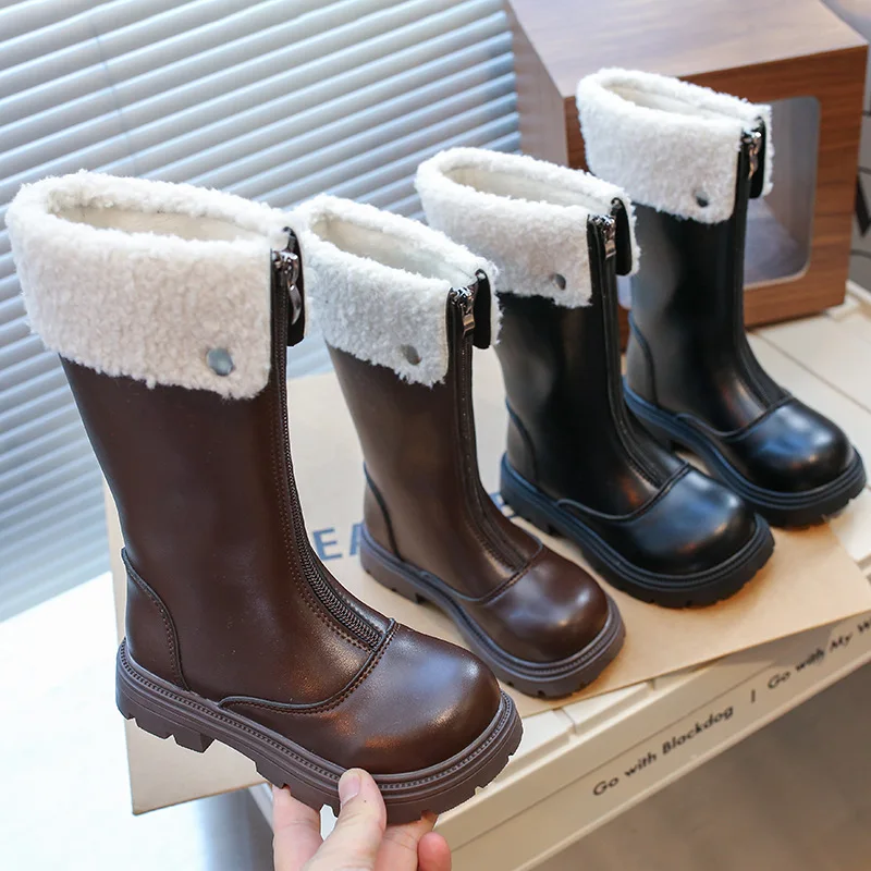 2024 Winter New Children Fashion High Boots for Girls British Style Soft Bottom Anti-slippery Versatile Citywalk Leather Shoes