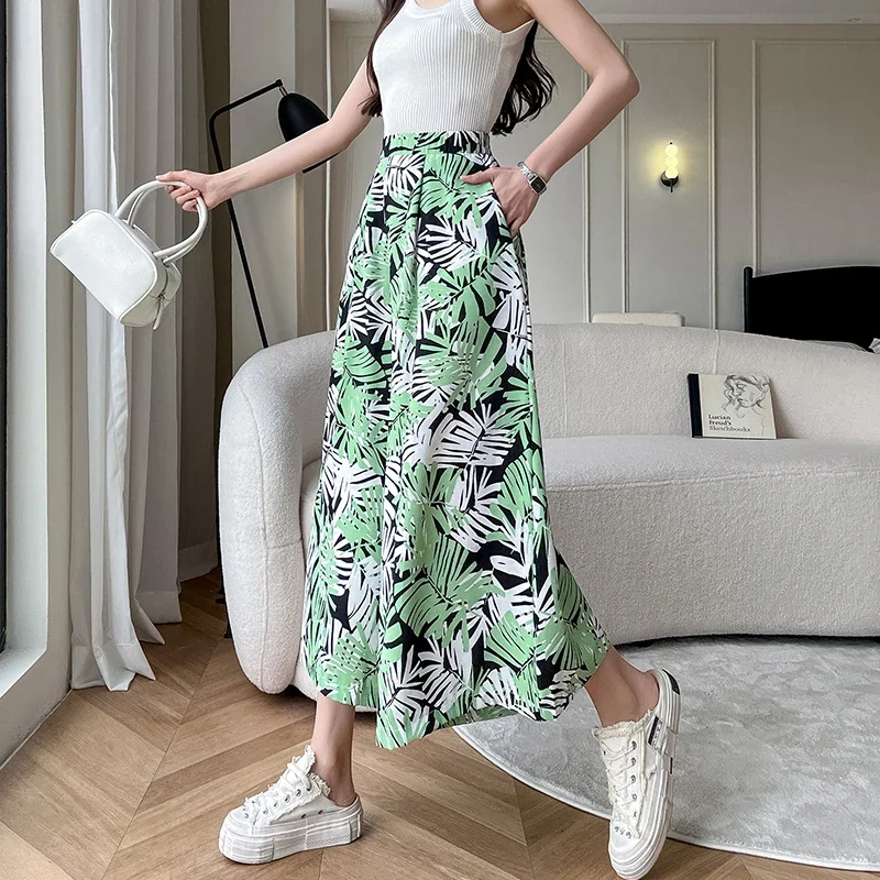 

Bohemian Casual Wide Leg Pants Women Summer Fashion Print Nine Points Trousers Female Elastic High Waist Slim Fit Chiffon Pants