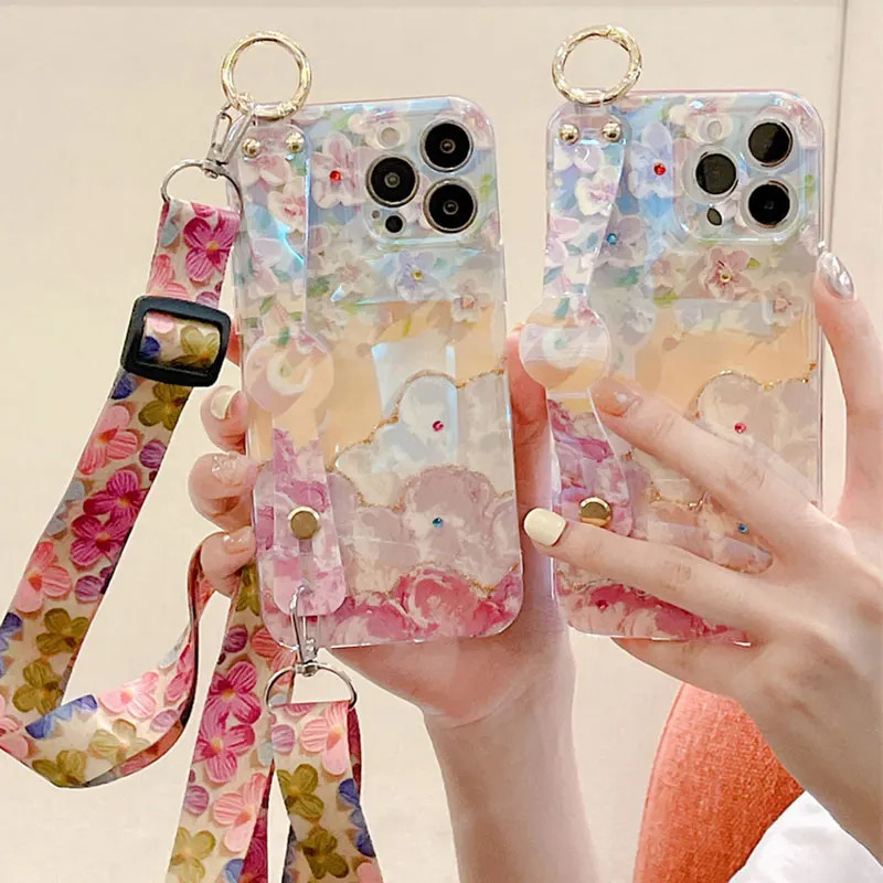 

Flower Diamond Wrist Strap Case For Samsung Galaxy S22 Ultra S21FE S20FE A73 A53 A52 A33 A32 5G A23 A22 A13 A12 Lanyard Cover